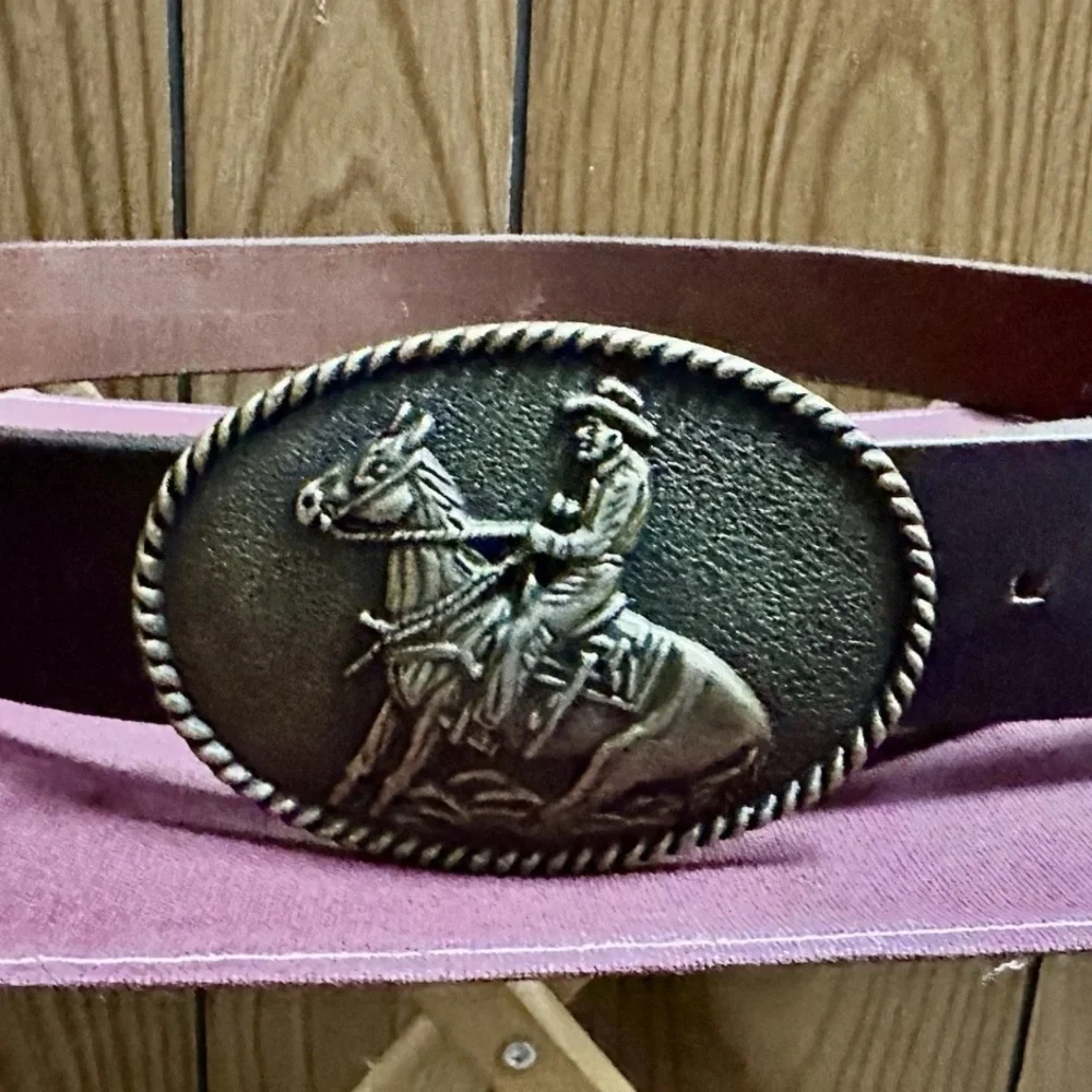 western • leather belt brass interchangeable buckle cowboy horse vintage-style - Picture 1 of 6